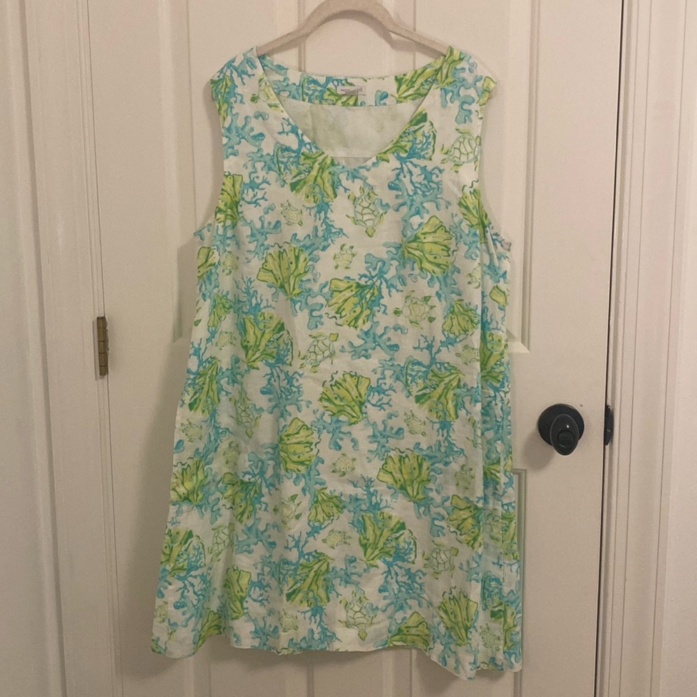 100% Linen J. Jill Love Linen Ocean Coral Nautical Pattern LP Petite Large Dress